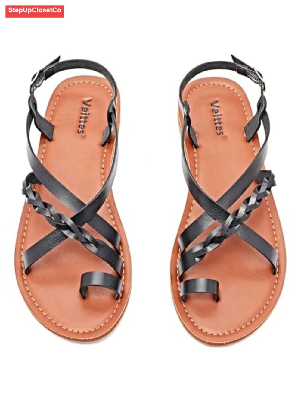 Women's Flat Sandals with Braided Ankle Strap, Faux Leather, Buckle Closure,